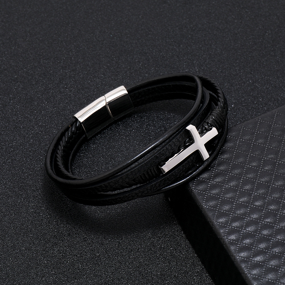 Multi Layer Leather Woven Bracelet Magnetic Buckle For Men_voghion.com