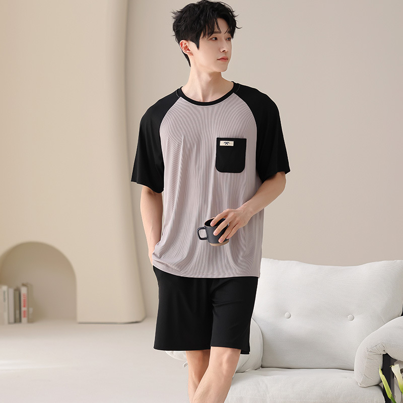 Short-Sleeved Pajamas, Summer Shorts, 2026 New Style, Ice Silk Ribbed, Cool-Feeling, Men's Casual, Skin-Friendly Home Wear Set Short-Sleeved Pajamas, Summer Shorts, 2026 New Style, Ice Silk Ribbed, Cool-Feeling, Men's Casual, Skin-Friendly Home Wear Set