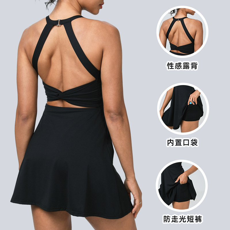 Cross-border New Naked Neck Hanging Beautiful Back Sports One-piece Skirt Fake Two-piece Anti-walking Outdoor Running Fitness Tennis Skirt