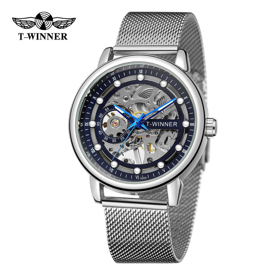 T-winner reloj de hombre europeo y americano reloj mecánico manual hueco de moda transparente reloj de correa de malla de milán 8258