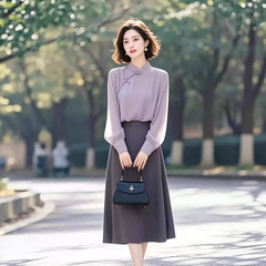 小个子新中式国风衬衫两件套女装开春紫色盘扣系穿搭气质套装裙子