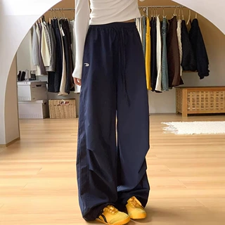 藏青色工装裤女秋2026新款高腰宽松直筒休闲显瘦刺绣阔腿运动裤