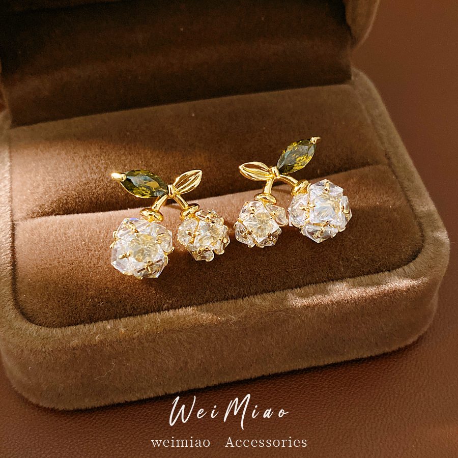 14K oro real plateado aguja de cereza de piedra de silicio temperamento delicado pendientes de orejas diarios lujo ligero de alta sensación de orejas image 1