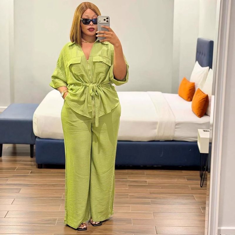 European and American Style Women's Clothing with Lapel Zipper, Waist-Cinching Tie, Solid Color Shirt, African-Inspired Casual Long Pants, New Set European and American Style Women's Clothing with Lapel Zipper, Waist-Cinching Tie, Solid Color Shirt, African-Inspired Casual Long Pants, New Set