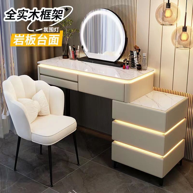 Slate Countertop Solid Wood Dressing Table Makeup Table Atmosphere Light Luminous Mirror Bedside Princess Style Two-In-One Makeup Table