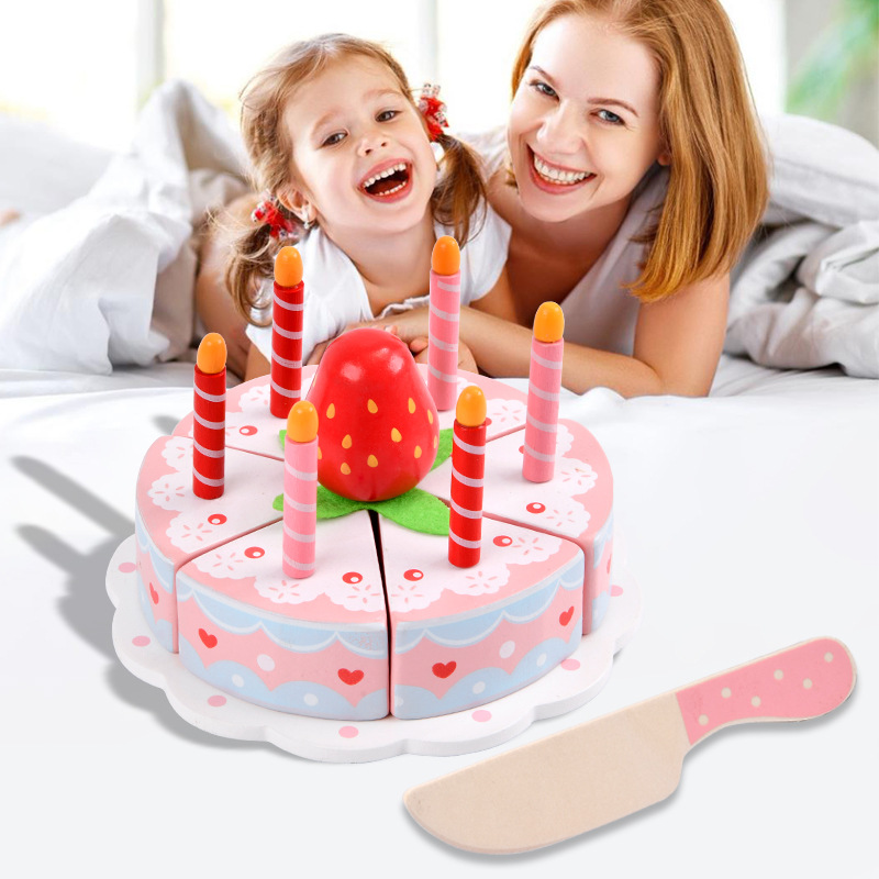 Wooden children's role play simulation strawberry cream cake dessert play house afternoon tea set early education toys
