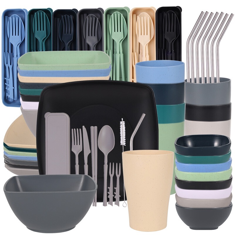 Amazon's New Wheat Straw Square Bowl, Plate, Straw, Water Cup, Knife, Fork, Spoon, Chopsticks, Outdoor Camping Tableware Set
