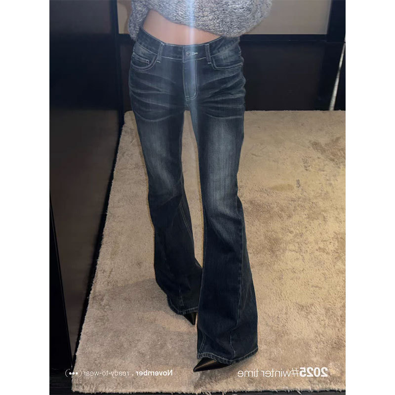 Sunoneone Giselle's Same Style White Cat Whiskers Micro-Flared Jeans for Women in Autumn and Winter Slimming Look Casual Pants