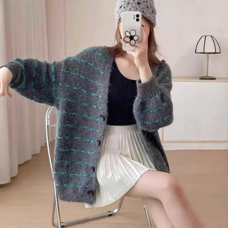 Korean Design Knitted Stripesd Cardigan Mid-Length Sweater Jacket Loose Lazy Style Autumn and Winter New Tops for Women