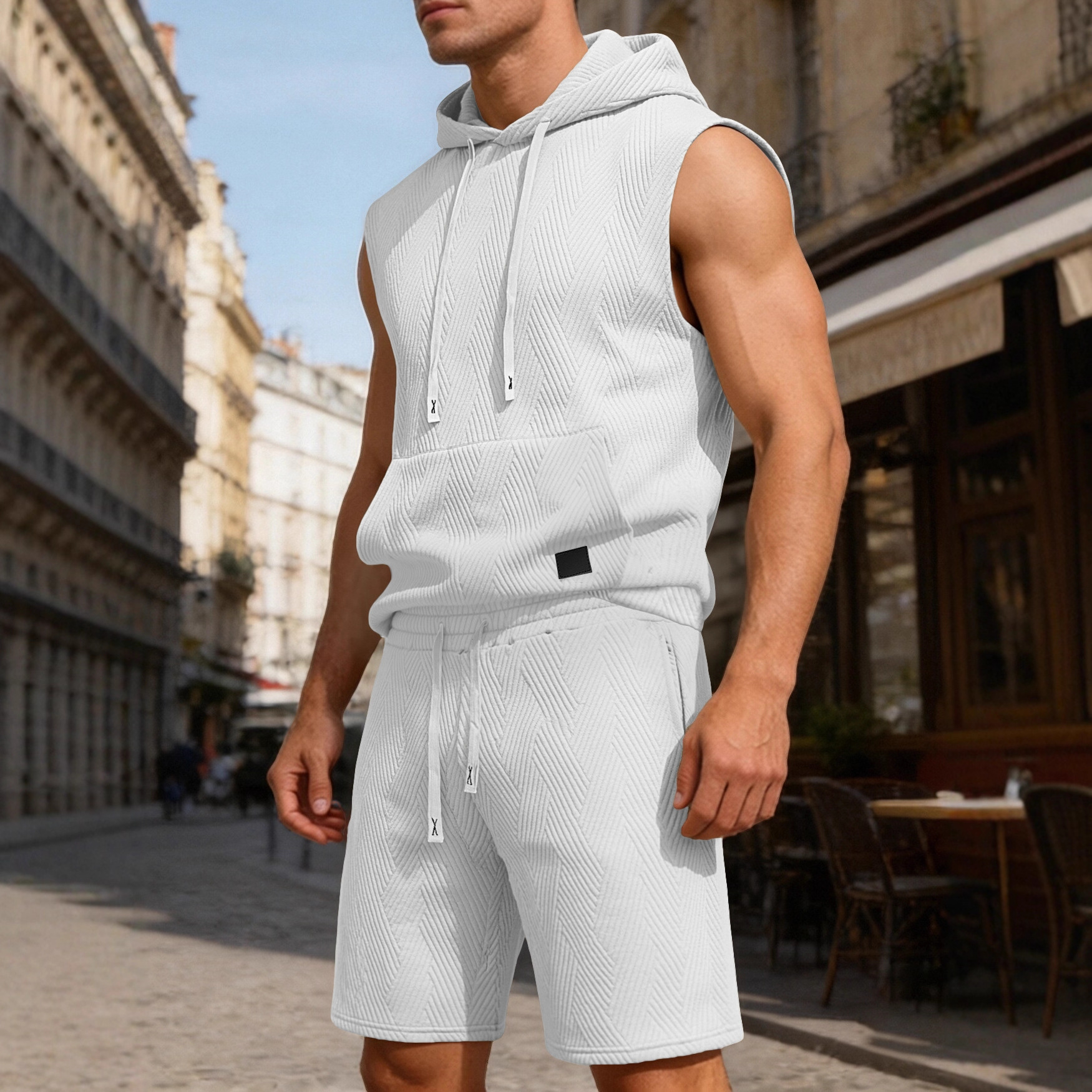 Nuevo transfronterizo de Europa y América de verano sin mangas chaleco de hombro holgado hombre deportivo casualizado chaleco con capuchón suit