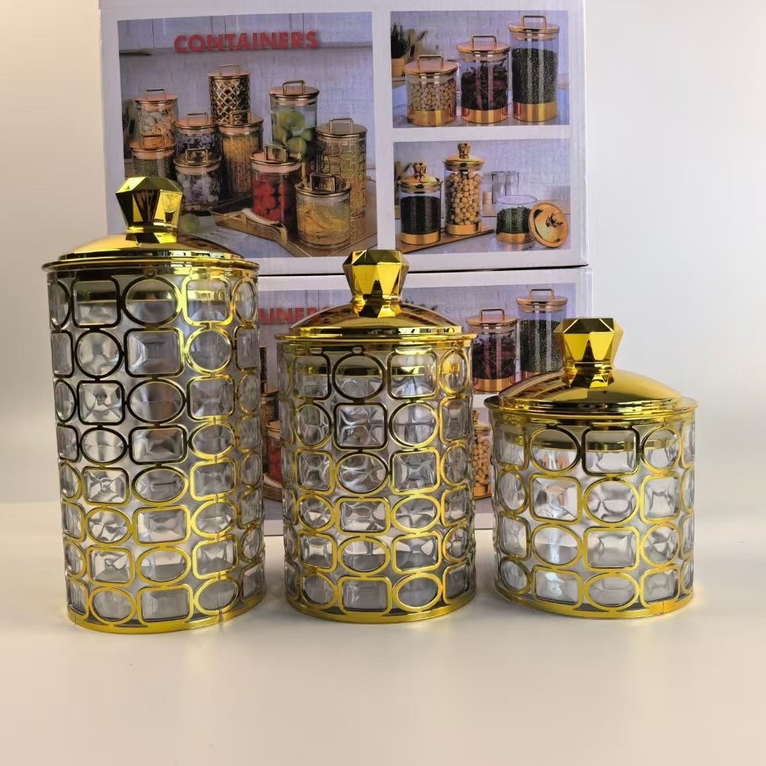 Fábrica de exportación Phnom Penh cubierta de diamante chapado en oro latas de sellado redondas nuevas botellas de plástico selladas latas de caramelo almacenamiento tres image 1