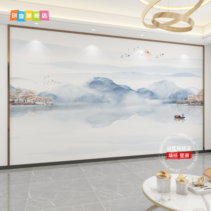 千里江山图电视背景墙壁布客厅新款中式壁纸3d立体壁画影视墙|undefined