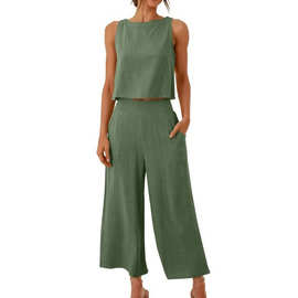 WOMEN LINEN OUTFIT SETS夏季女纯色亚麻两件套阔腿长裤背心套装