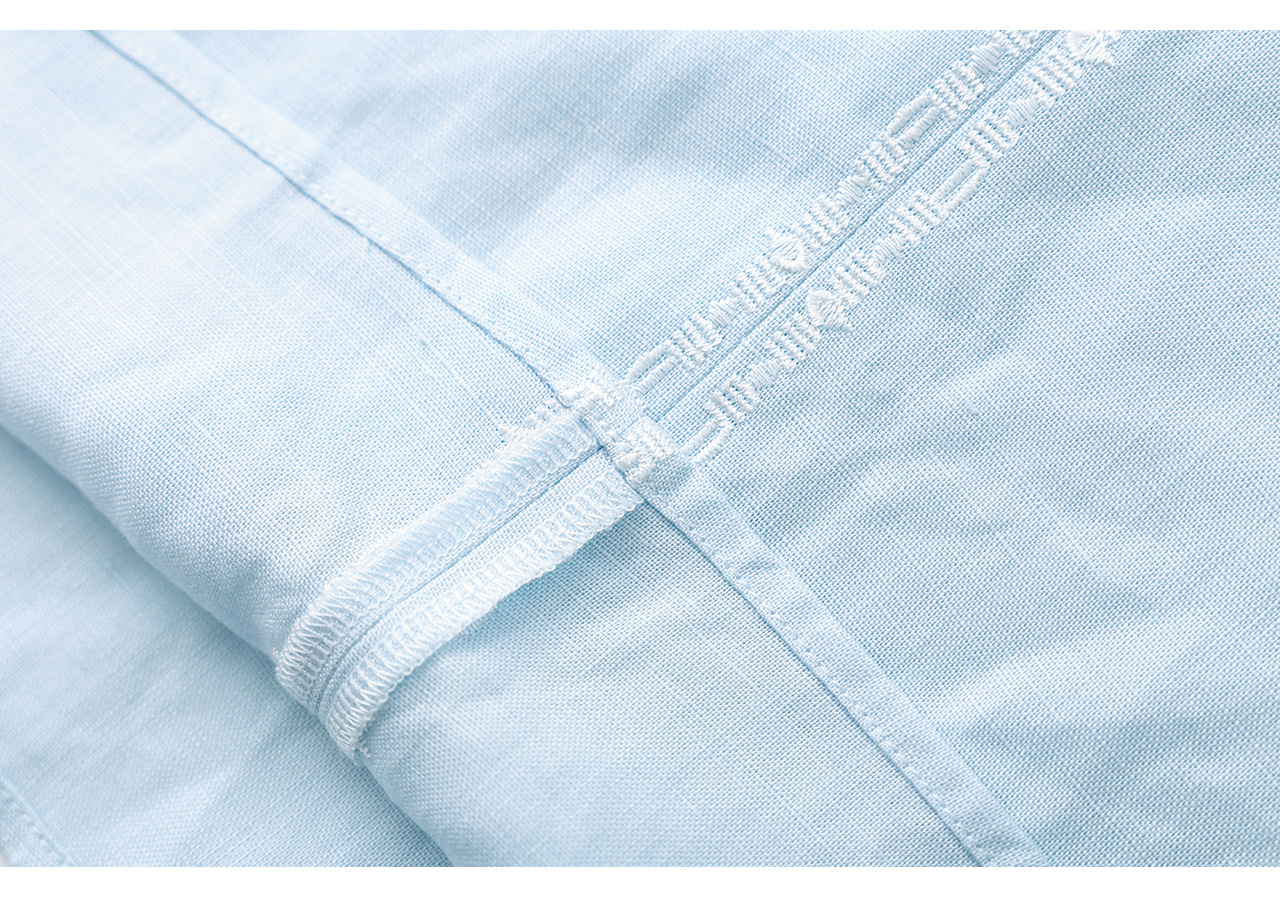 Áo sơ mi nữ chất liệu linen phối màu tay ngắn phong cách Pháp — màu xanh nhạt chi tiết 30