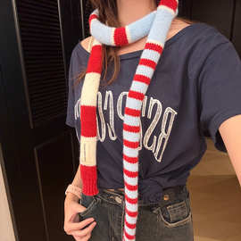 赵昭仪同款韩版ins时尚拼色条纹细窄长条围巾装饰搭配针织围脖女