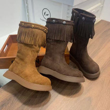 2025冬季新款韩系绒皮铆钉流苏高筒骑士靴女童不过膝长靴西部靴潮