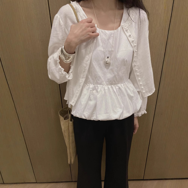 in stock White Lace Pearl Button Shirt 2025 Spring Women's Korean Style Fresh Style Ins Cotton Long Sleeve Cardigan