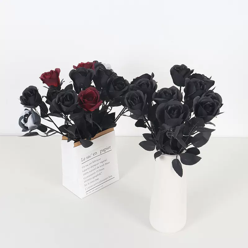 暗黑风仿真黑色玫瑰花万圣节鬼节惊悚哥特式装扮插花假花厂家批发