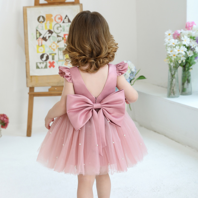 Cross-Border Girls' Flutter Sleeve Tulle Puffy Dress Baby Birthday Princess Dress Flower Girl Wedding Banquet Dress