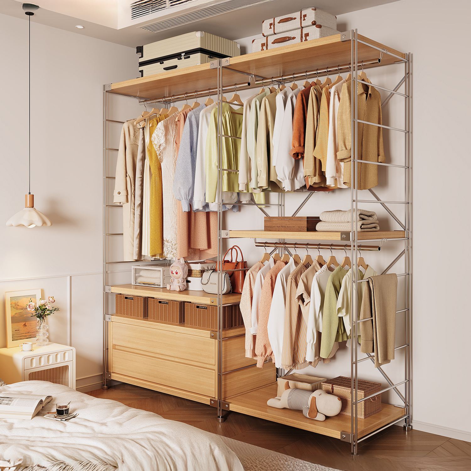 armario doméstico pequeño tipo dormitorio piso de ropa estante de almacenamiento de esquina estante de alquiler abierto estante de ropa