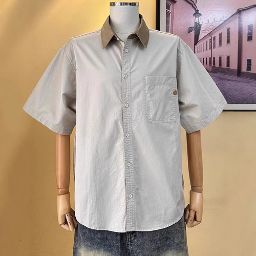 Japanese-style retro patchwork color-blocked collarless short-sleeve shirt for men, summer youth casual half-sleeve top, simple design