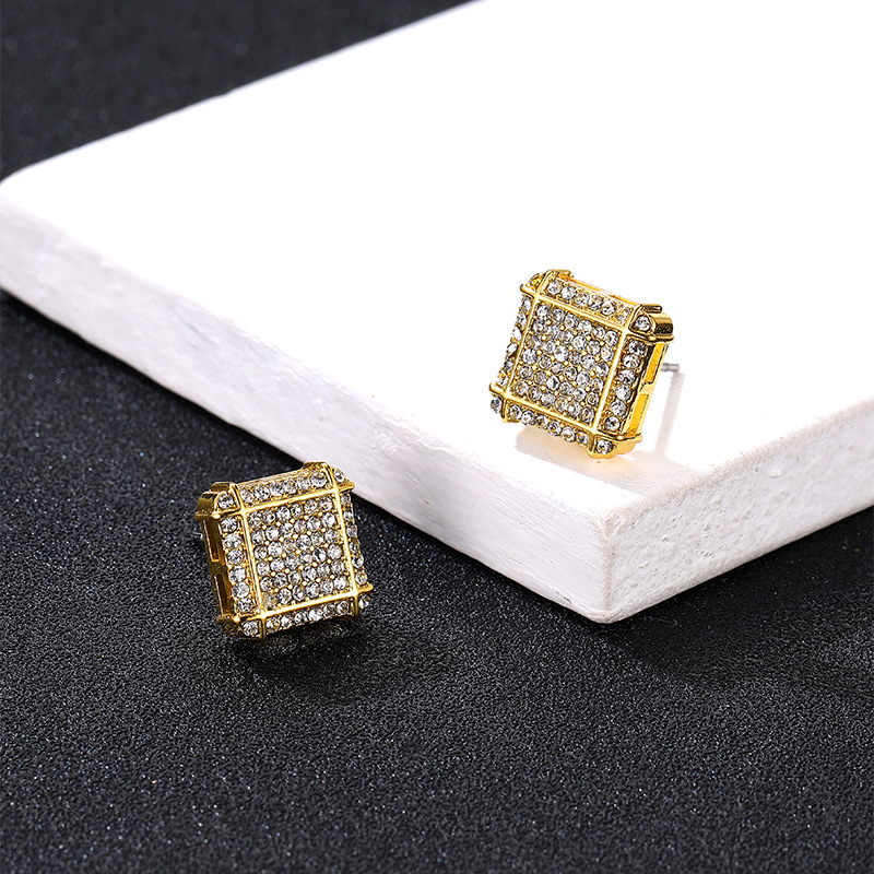 Hip hop personality fashion square full diamond for men's niche minimalist style earrings and accessories_voghion.com