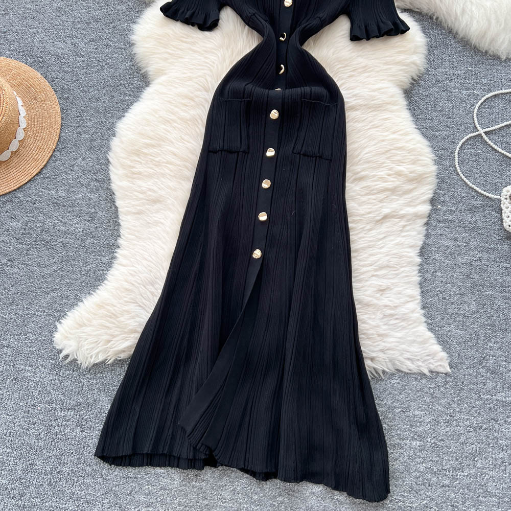 Elegantes Damen Strickkleid Mit Revers Und Knopfleiste Lang_voghion.com
