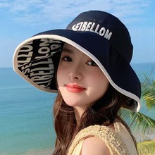 空顶双花遮阳帽女夏季遮脸防晒帽大檐可折叠扎马尾沙滩太阳帽布帽