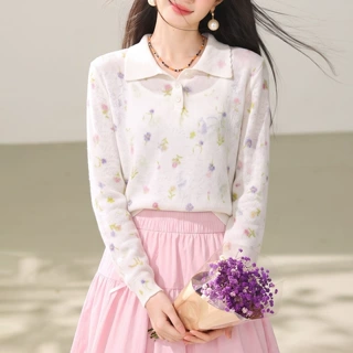 Polo领碎花针织长袖上衣女 早秋温柔风薄款宽松衬衫跨境女装现货