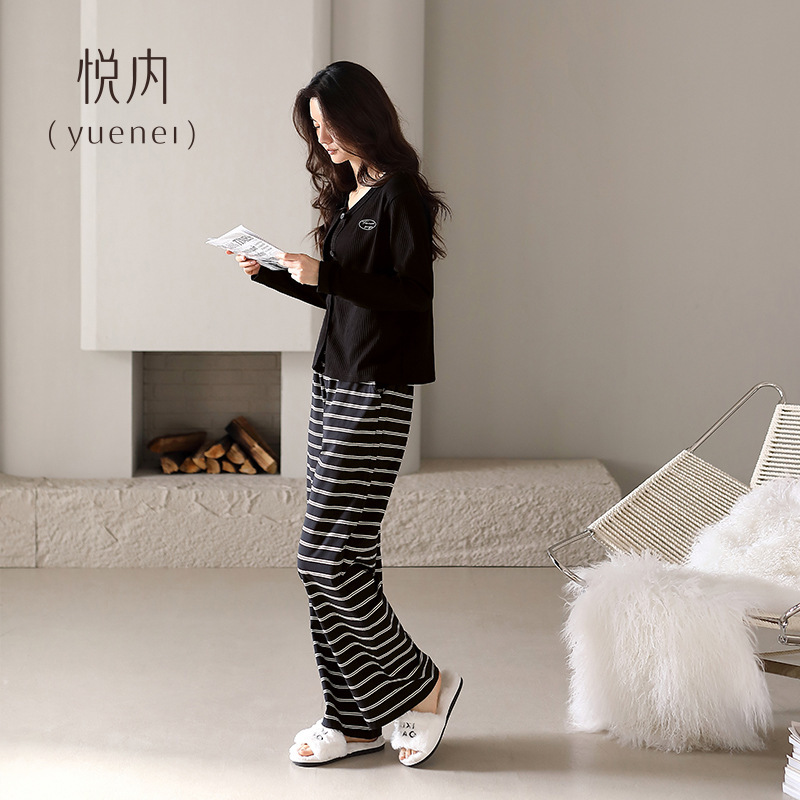 悦内睡衣女春秋季秋款纯棉长袖长裤家居服时尚显瘦黑色高级感条纹|undefined