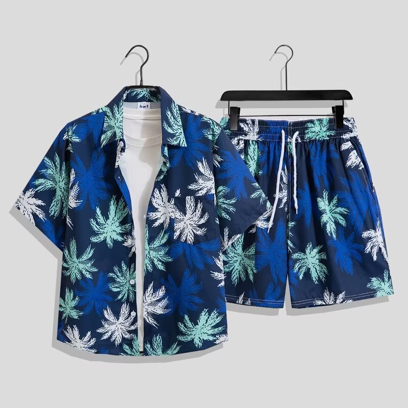 태국 꽃 셔츠 반바지 정장 남자 하와이 해변 반팔 셔츠 커플 착용 2025 새로운 여름 셔츠