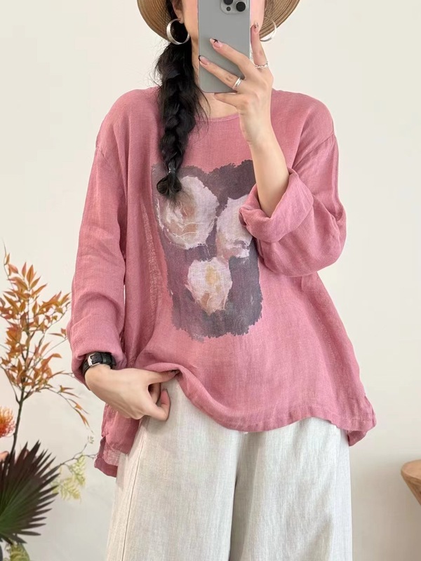 古咖服饰复古亚麻印花圆领上衣女式长袖宽松套头T恤文艺休闲上衣|undefined