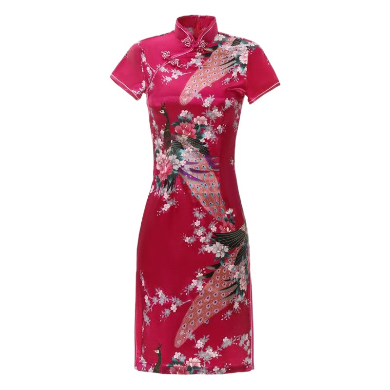 2025 New Spring and Summer Improved Cheongsam Dress Satin Print Daily Banquet Women's Plus Size Ladieswear's Wear Performance