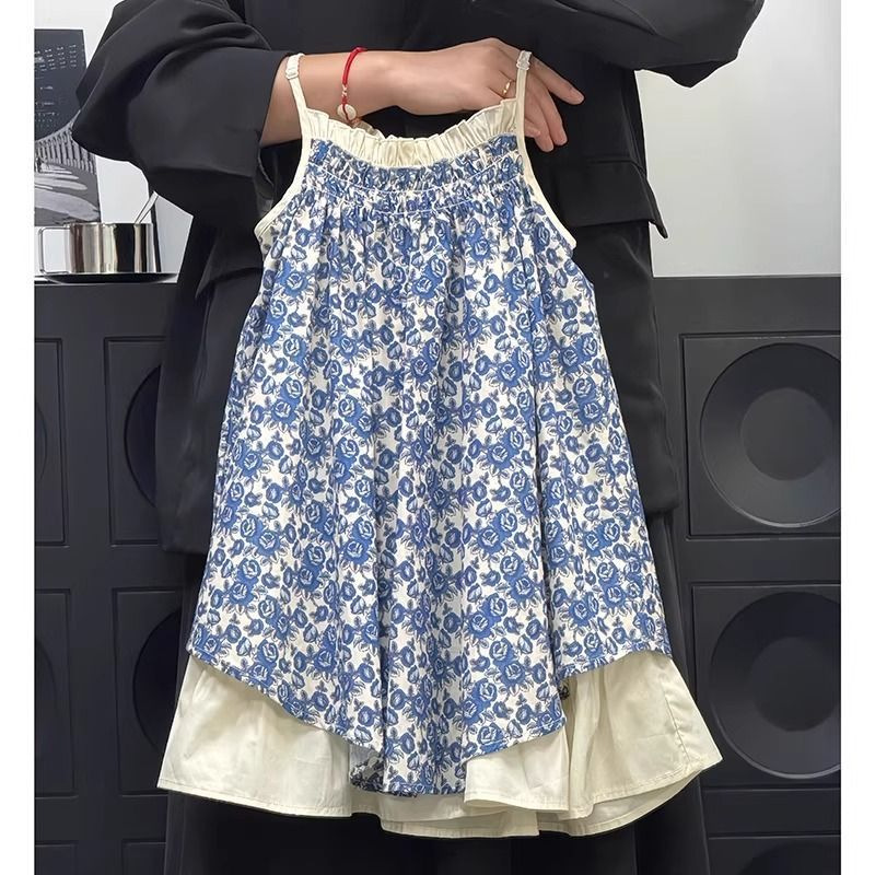 Vestido de verano para niñas 2025 nuevo estilo falda de moda para niños estilo occidental tirantes florales falso chaleco falda de playa