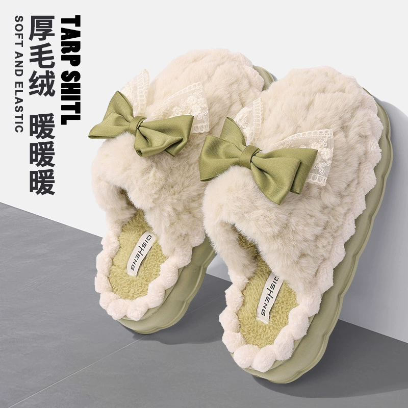 Легкие экстравагантные хлопчатобумажные тапочки домашние банты плюс бархат теплая вата буксировка пара в помещении нескользящие дамы осень и зима