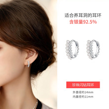s925纯银小巧锆石耳环女法式轻奢几何圆圈耳扣气质甜美耳饰批发