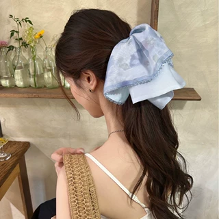 超仙水墨印花网纱裙摆抓夹女气质鲨鱼夹后脑勺半扎发夹马尾夹头饰