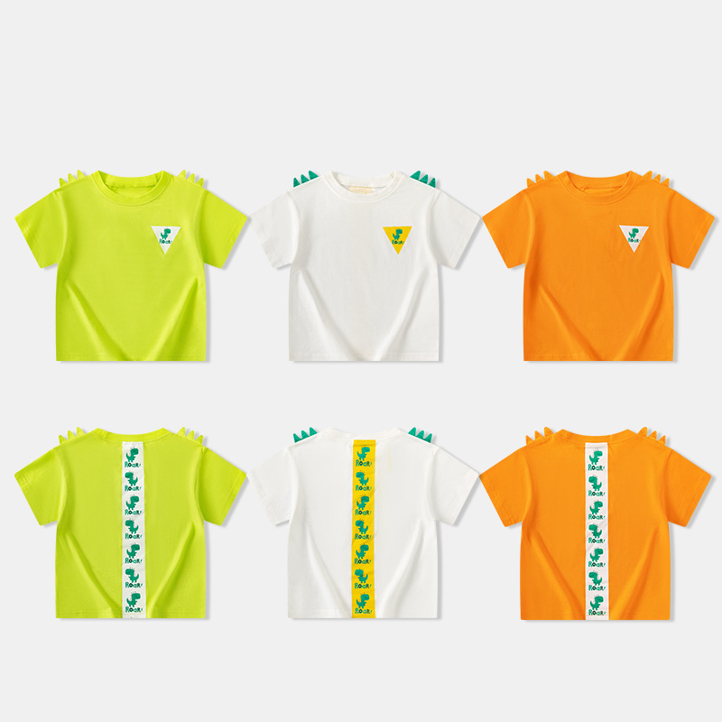 Betop ropa infantil transfronteriza al por mayor verano nuevo estilo niños camiseta de manga corta dibujos animados dinosaurio estampado delantero y trasero manga de hombro caído