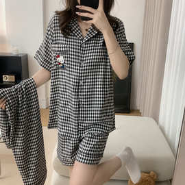 黑色KT猫云朵棉色织格三件套女睡衣