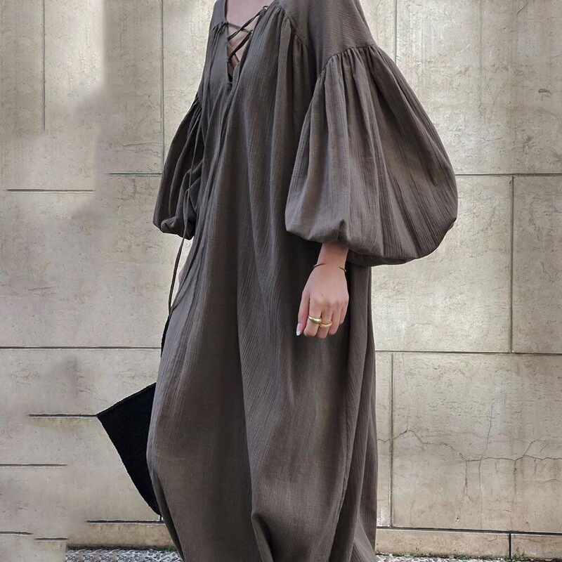 Korean style loose plus size cotton and linen lace-up V-neck lantern sleeve dress dress