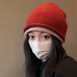 2025年秋冬新款纯羊毛针织拼色卷边包头帽秋冬护耳冷帽百搭堆堆帽