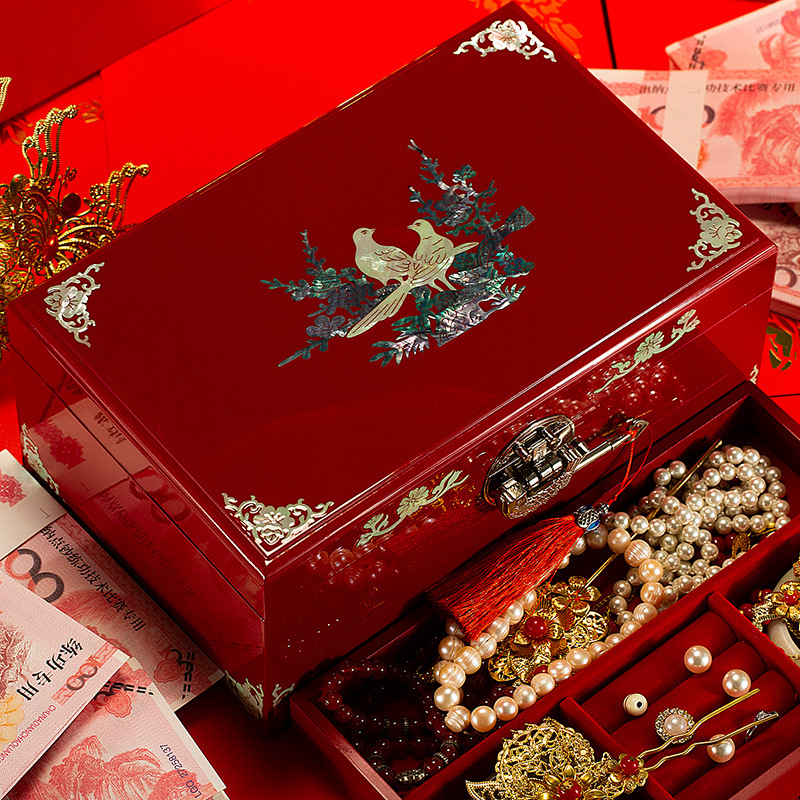螺鈿漆器木質珠寶飾品證件三金彩禮聘禮陪嫁首飾盒結婚禮物