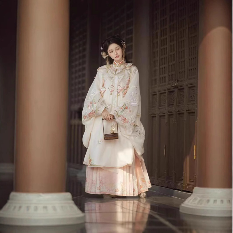 Original Hanfu for Women: Ming-Style Mamian Skirt with Intricate Embroidery, Cloud Shoulder Stand Collar Shirt, Autumn and Winter Women's Set, Chinese Style