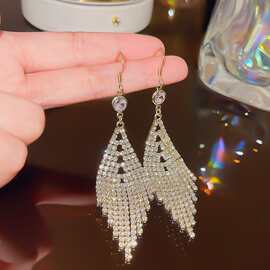 跨境热销超闪长流苏耳环时尚设计镶钻菱形耳钩精致耳坠饰品批发