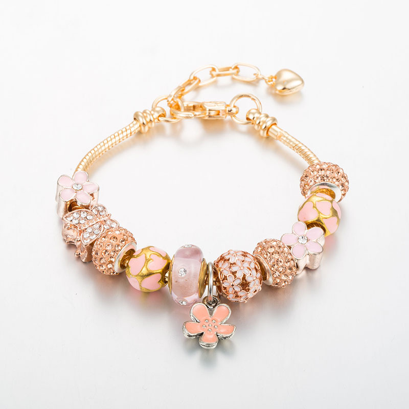 Panjia's Neue Legierung Diamant Großes Loch Perlen DIY Rosa Blume Anhänger Panjia Armband Mädchen_voghion.com