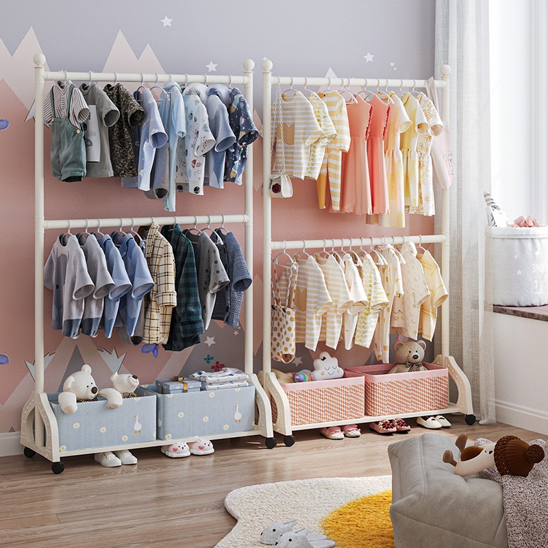 Children's Room Hanger Bedroom Floor-Standing Removable Coat Rack Cream Style Hanger Upper and Lower Double-Layer Storage Rack Bedside