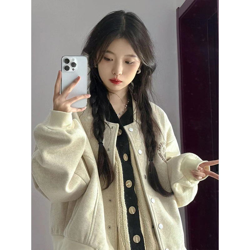 美式oversize毛呢外套女春秋设计感小众秋冬季加厚韩系短款棒球服|undefined