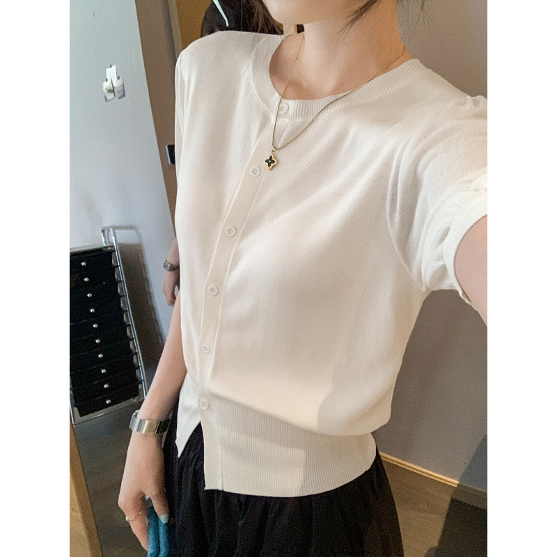 European Lyocell Tencel French Gentle Style Puff Sleeve Knitted Cardigan Women's Summer 2025 New Single Top