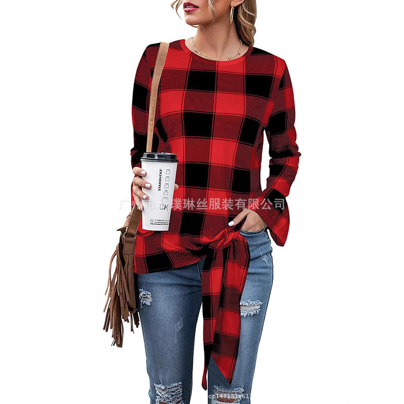 2023 Amazon European and American Export Autum Women's Trumpet Long-Sleeved Plaid Shirt Round Neck Front Lace-Up Shirt Top