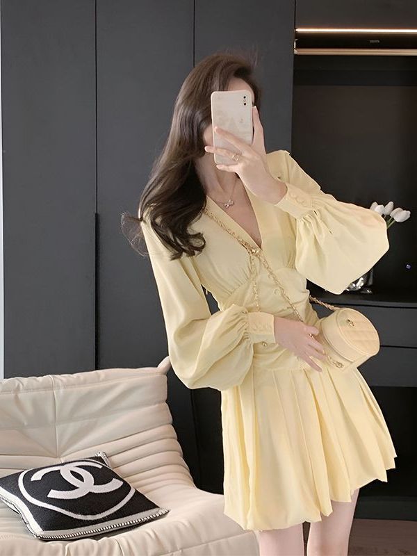 Women's Chiffon V-Neck Lantern Sleeve Mini Dress